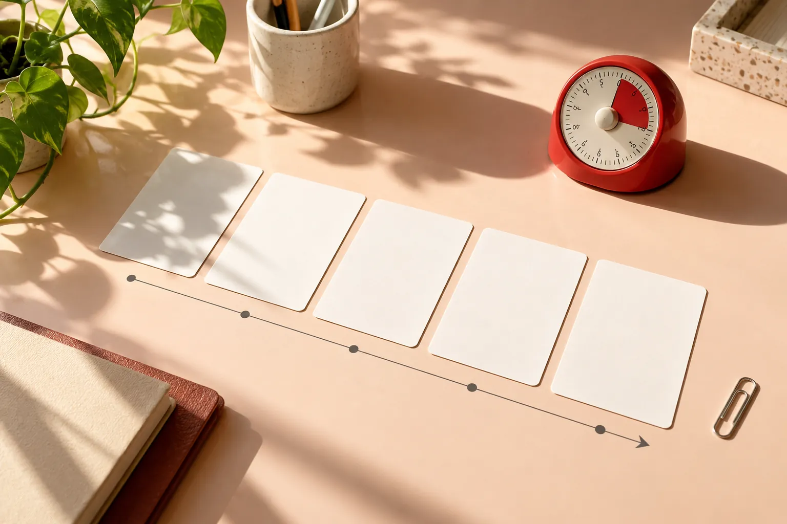 Overhead peach incident desk with blank timeline cards and a red timer