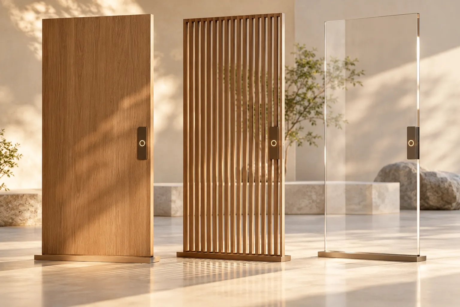 Solid, slatted and transparent panels illustrating different access controls