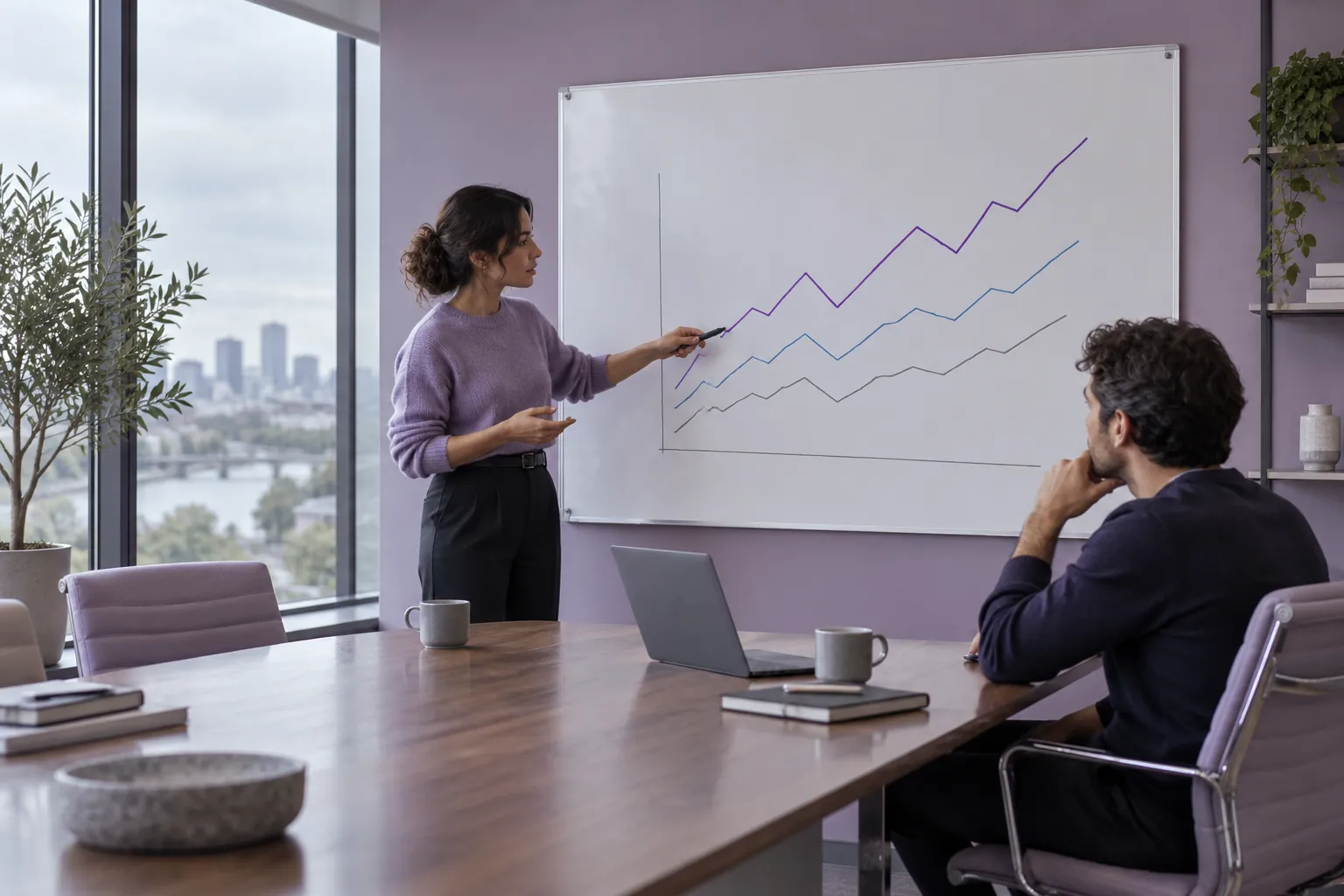 Two people reviewing an unlabelled chart in a lilac operations room