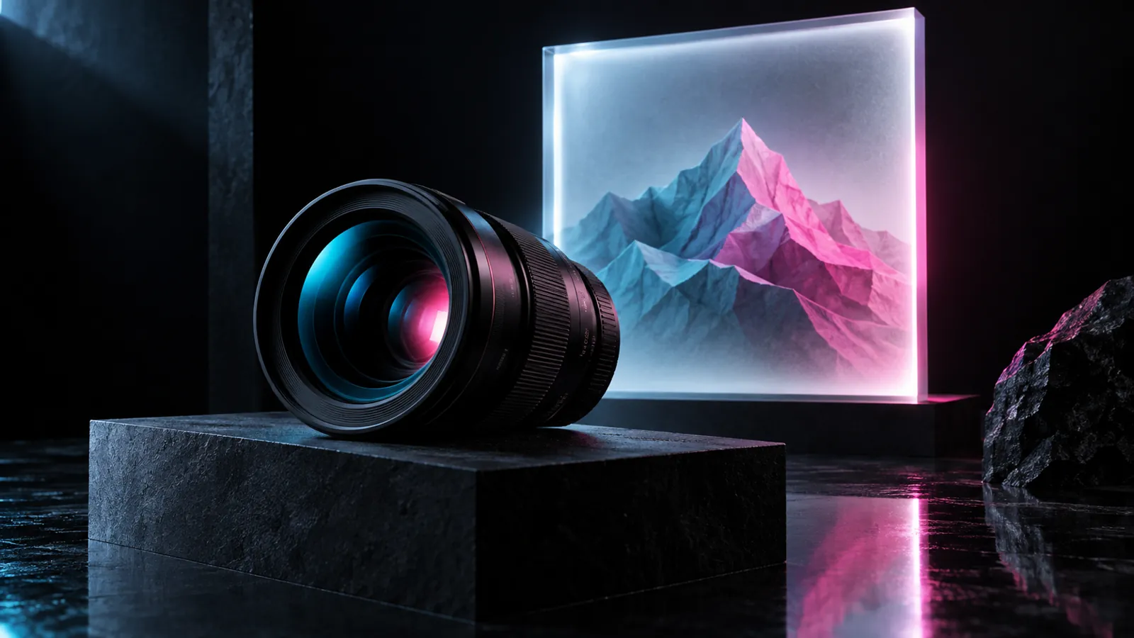 Conceptual camera lens and illuminated picture frame in a dark blue and magenta studio