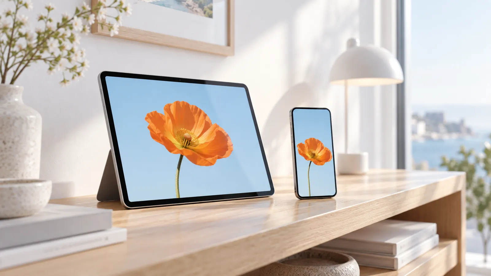 Conceptual tablet and phone showing a flower photograph at different screen sizes