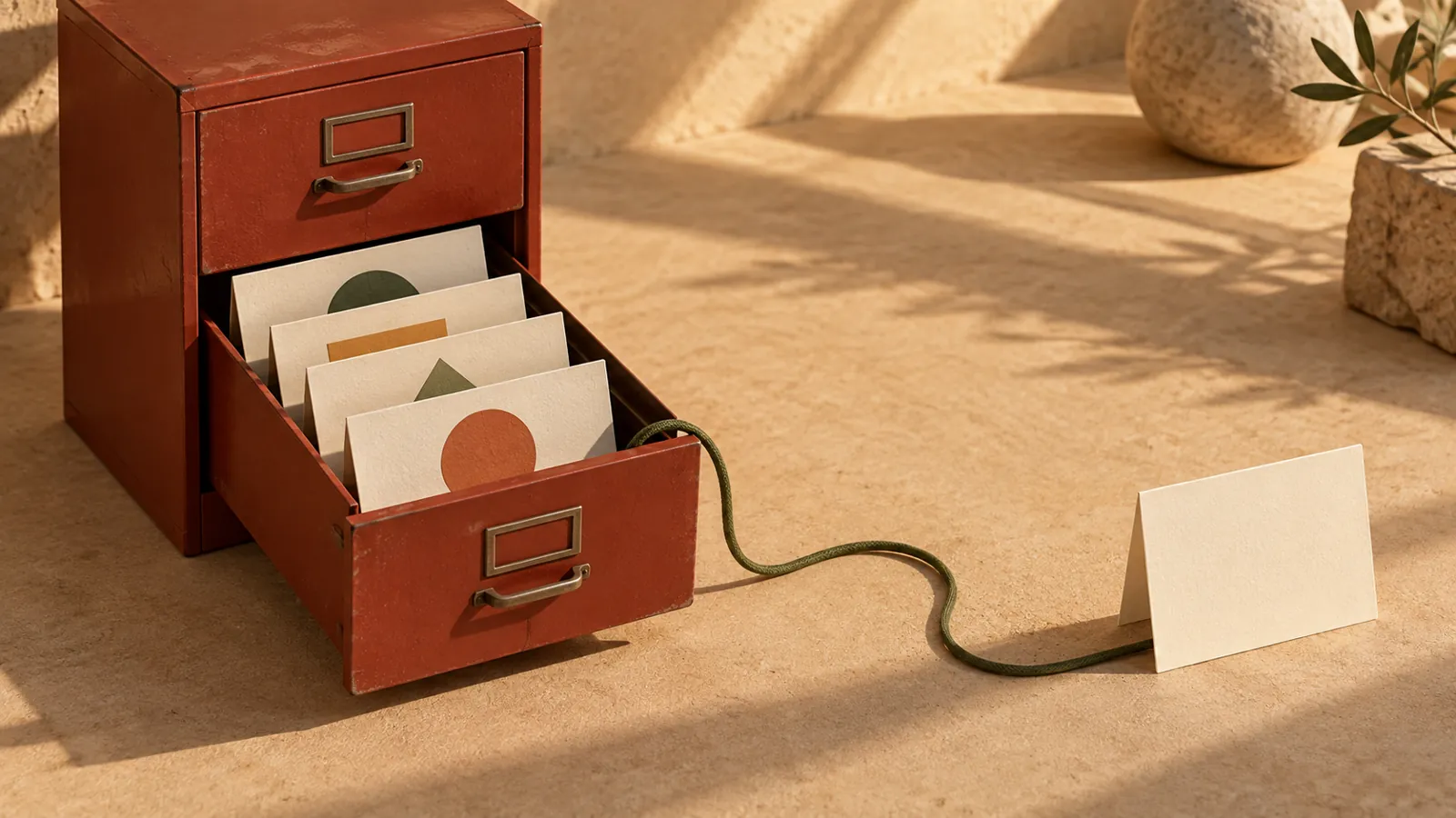 Conceptual miniature filing cabinet holding picture cards, linked to a separate standing card