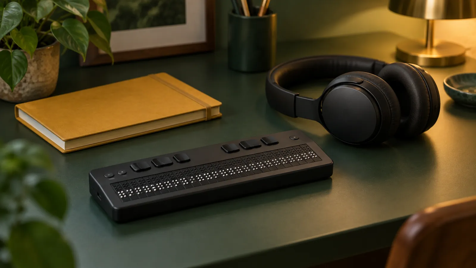 Illustrative braille display and headphones on a dark green desk beside a closed notebook