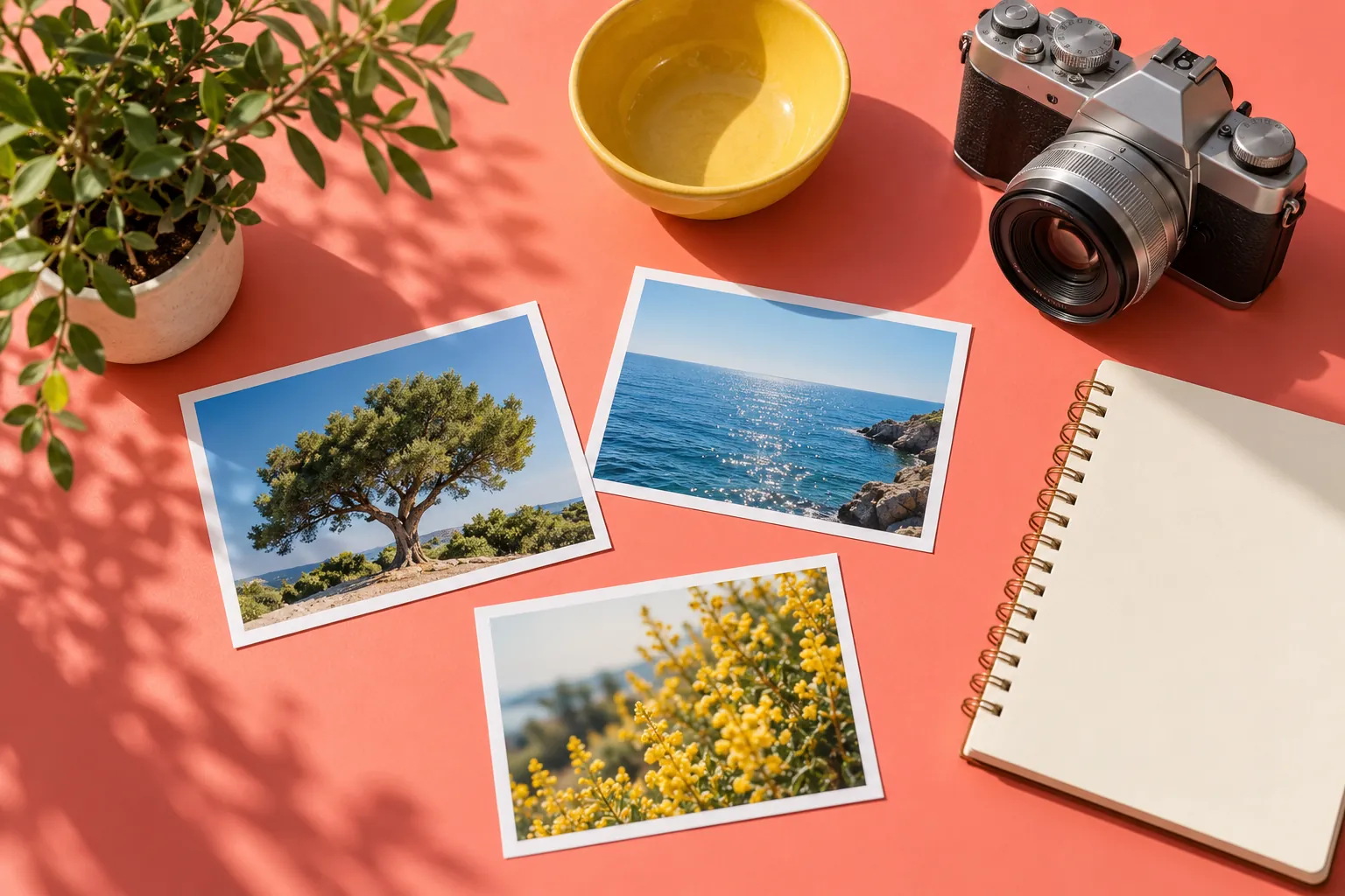 Camera and different printed photographs on a coral desk