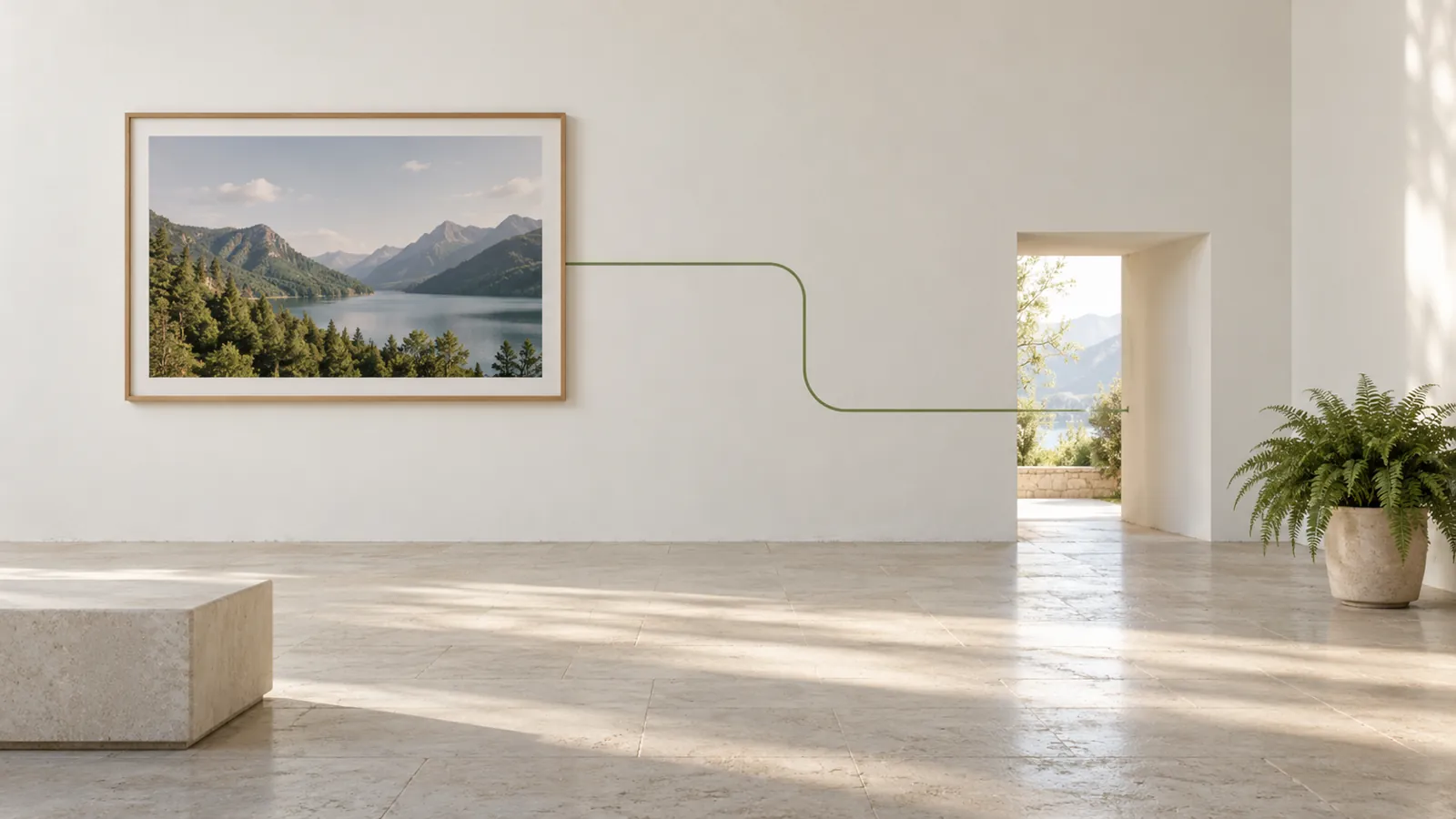 Framed landscape connected by a green line to a doorway