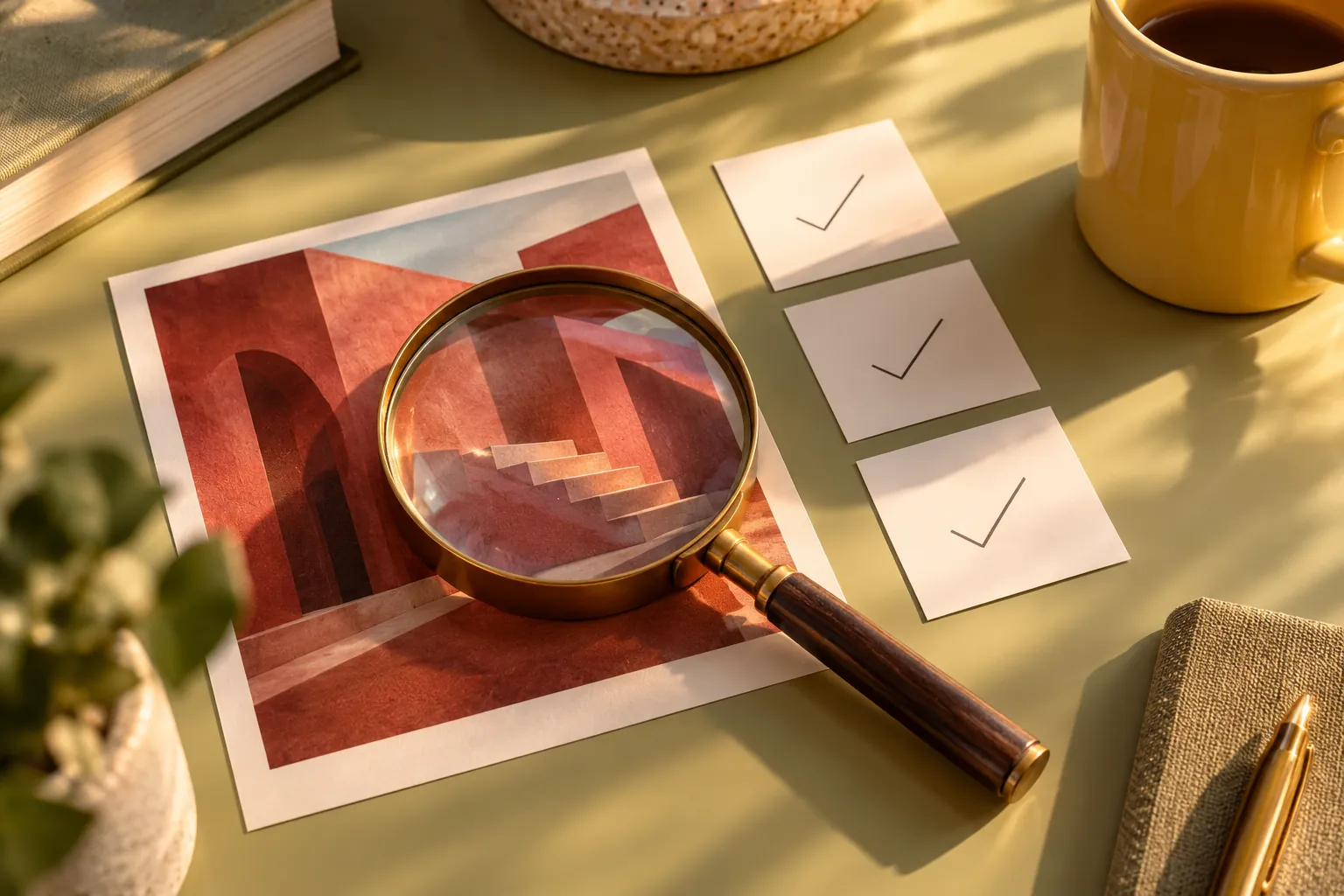 Magnifying glass over an architectural print beside review cards