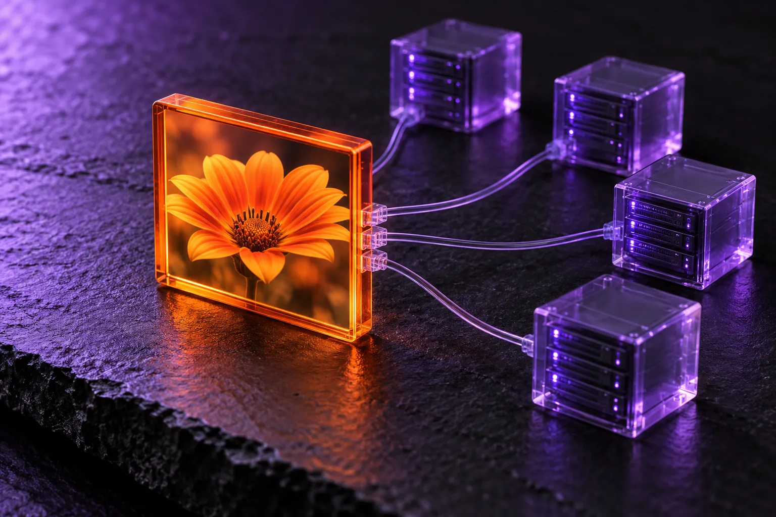 Purple server blocks linked to an orange flower image panel