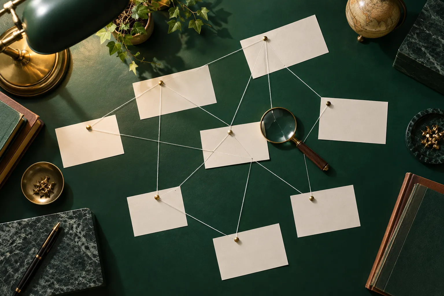 Blank index cards connected by white strings on an emerald desk