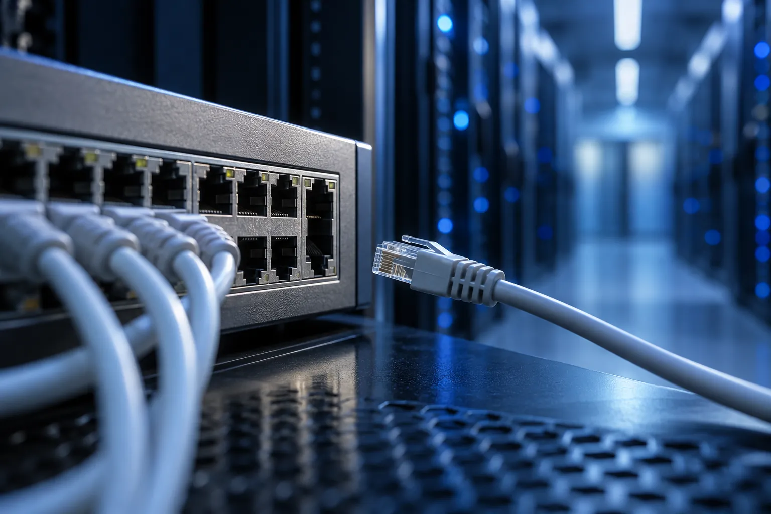 Disconnected network cable beside a switch in a cool blue server room