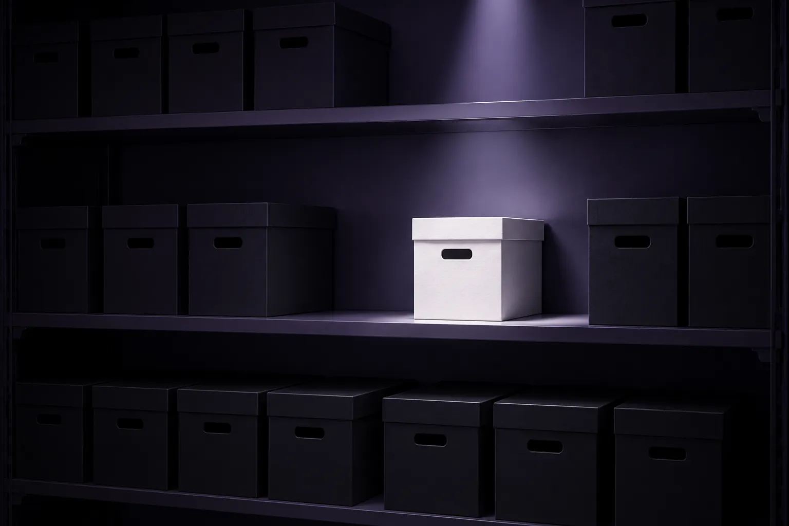One isolated white file box beside grouped charcoal boxes in a violet archive
