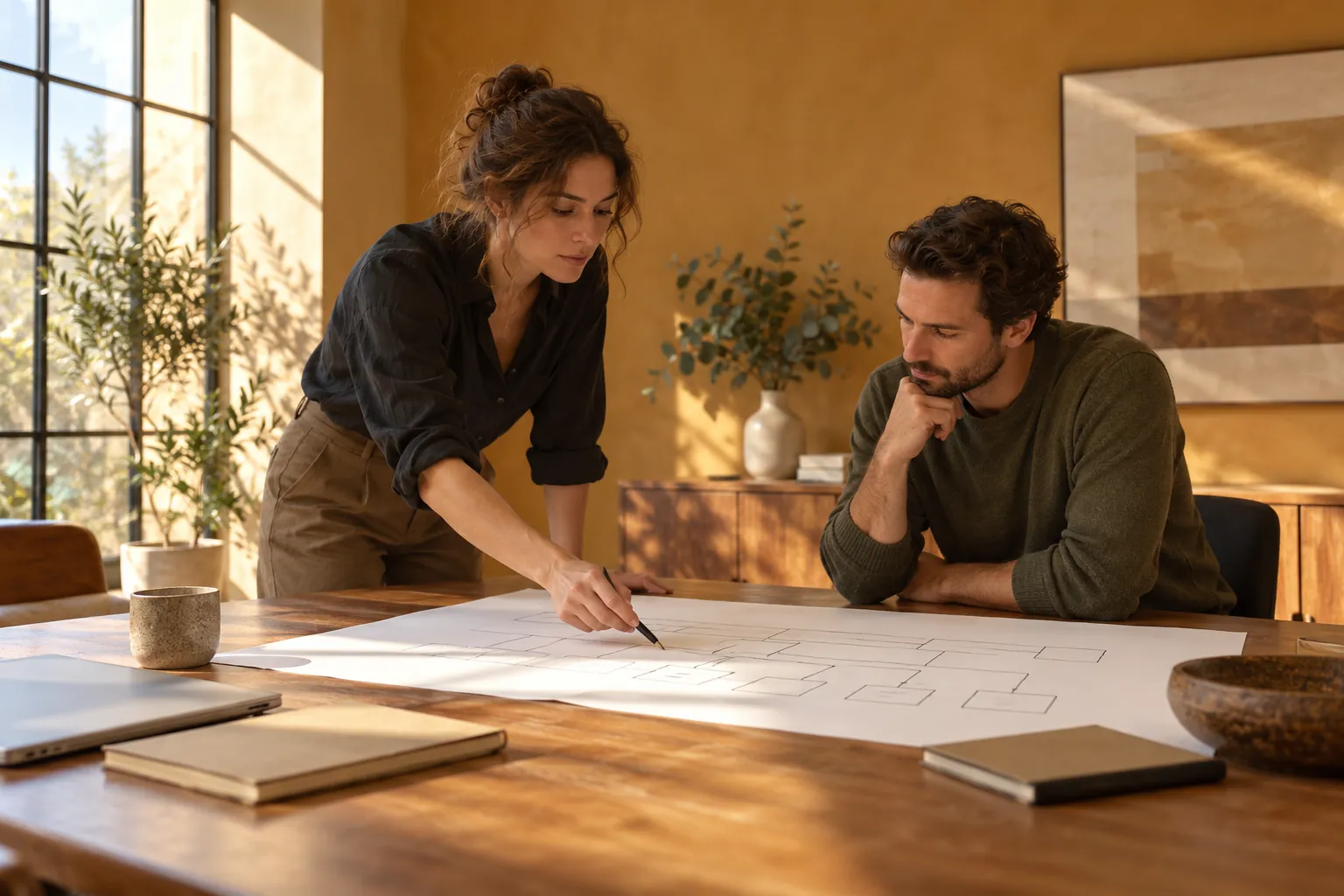 Two professionals reviewing a blank sitemap sheet in an ochre meeting room