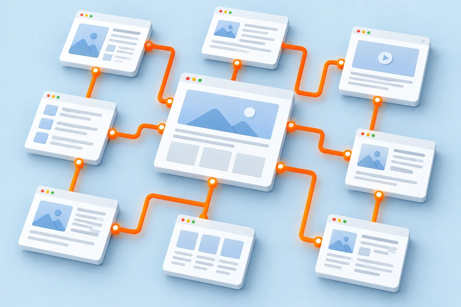 Webpage cards connected by internal-link routes