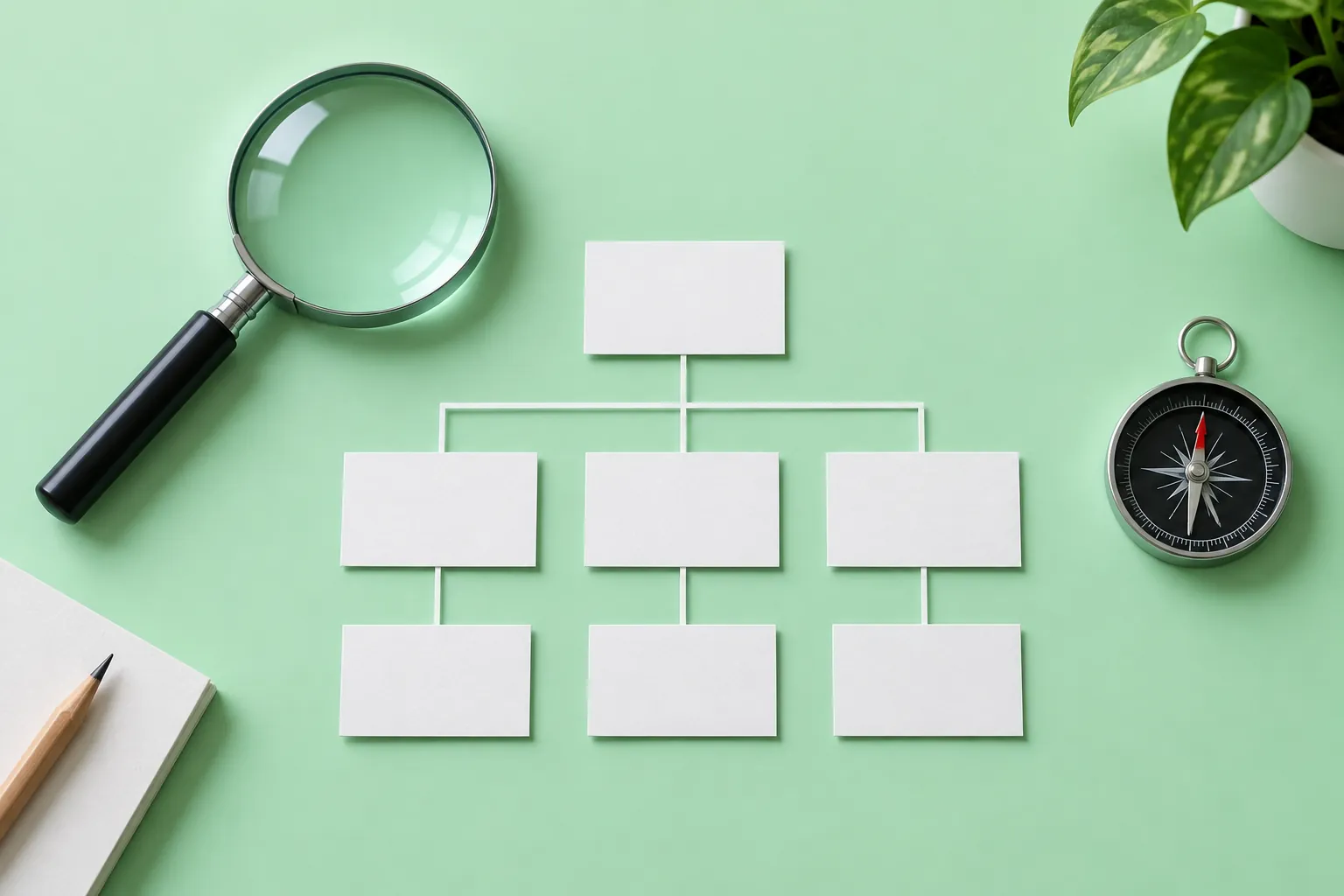 Magnifying glass beside sitemap cards
