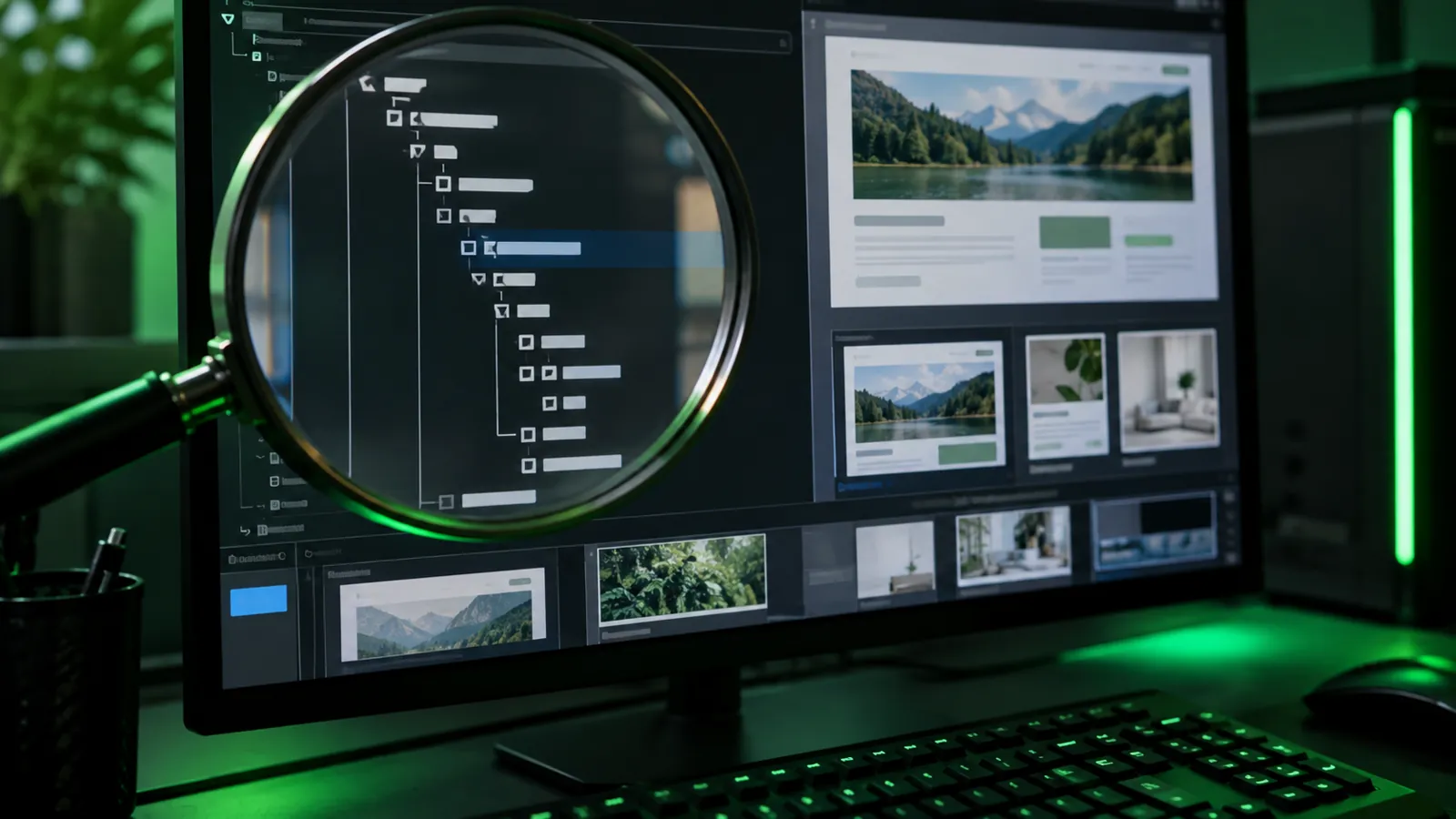 Magnifying glass over rendered DOM and screenshot panels