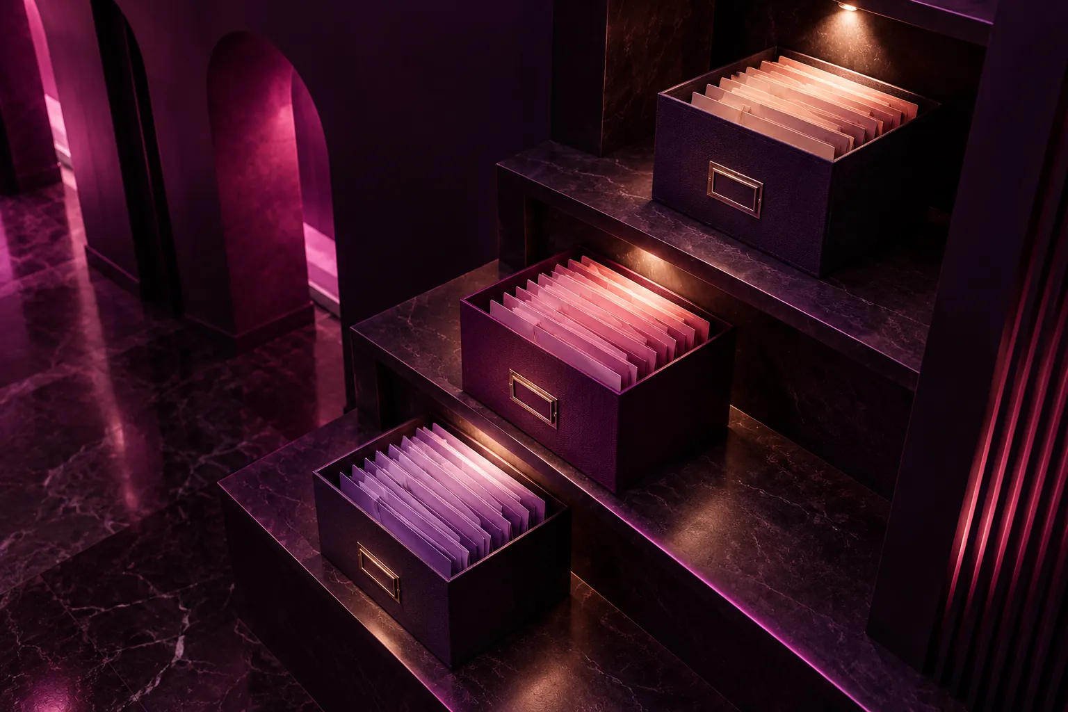 Concept illustration: Illuminated filing drawers in a violet conceptual archive
