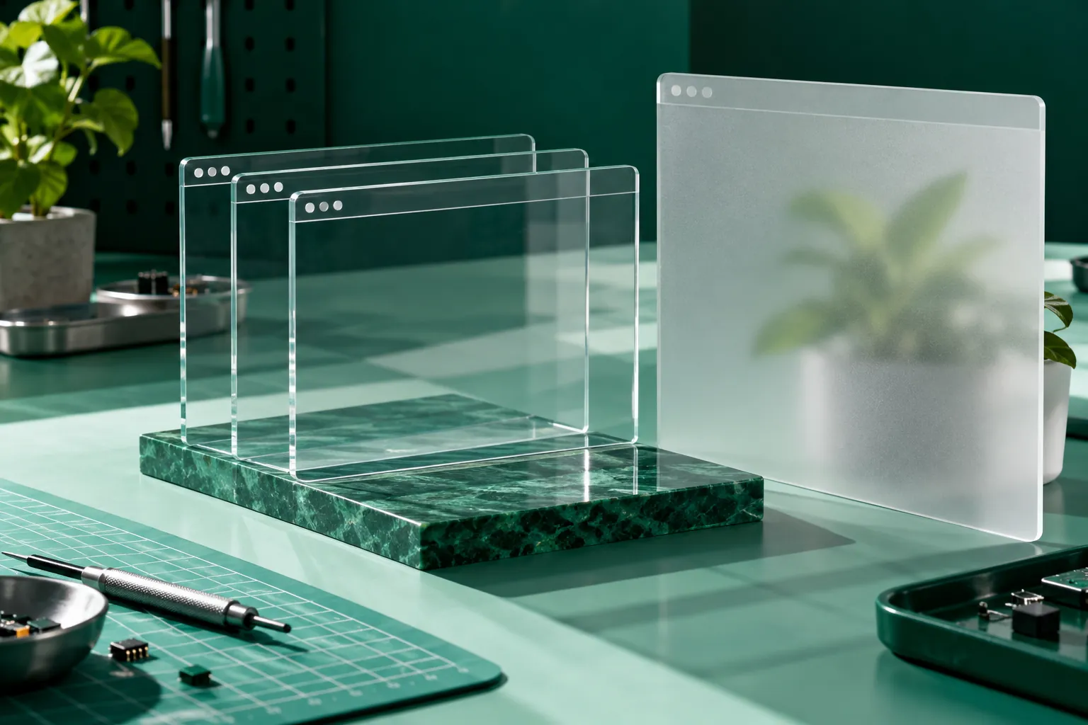 Concept illustration: Transparent browser-like glass panes on a green marble base