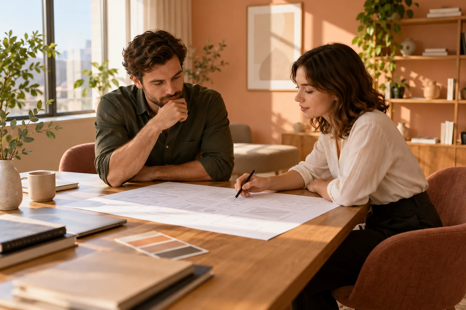 Concept illustration: Two professionals reviewing a blank website wireframe in a peach room