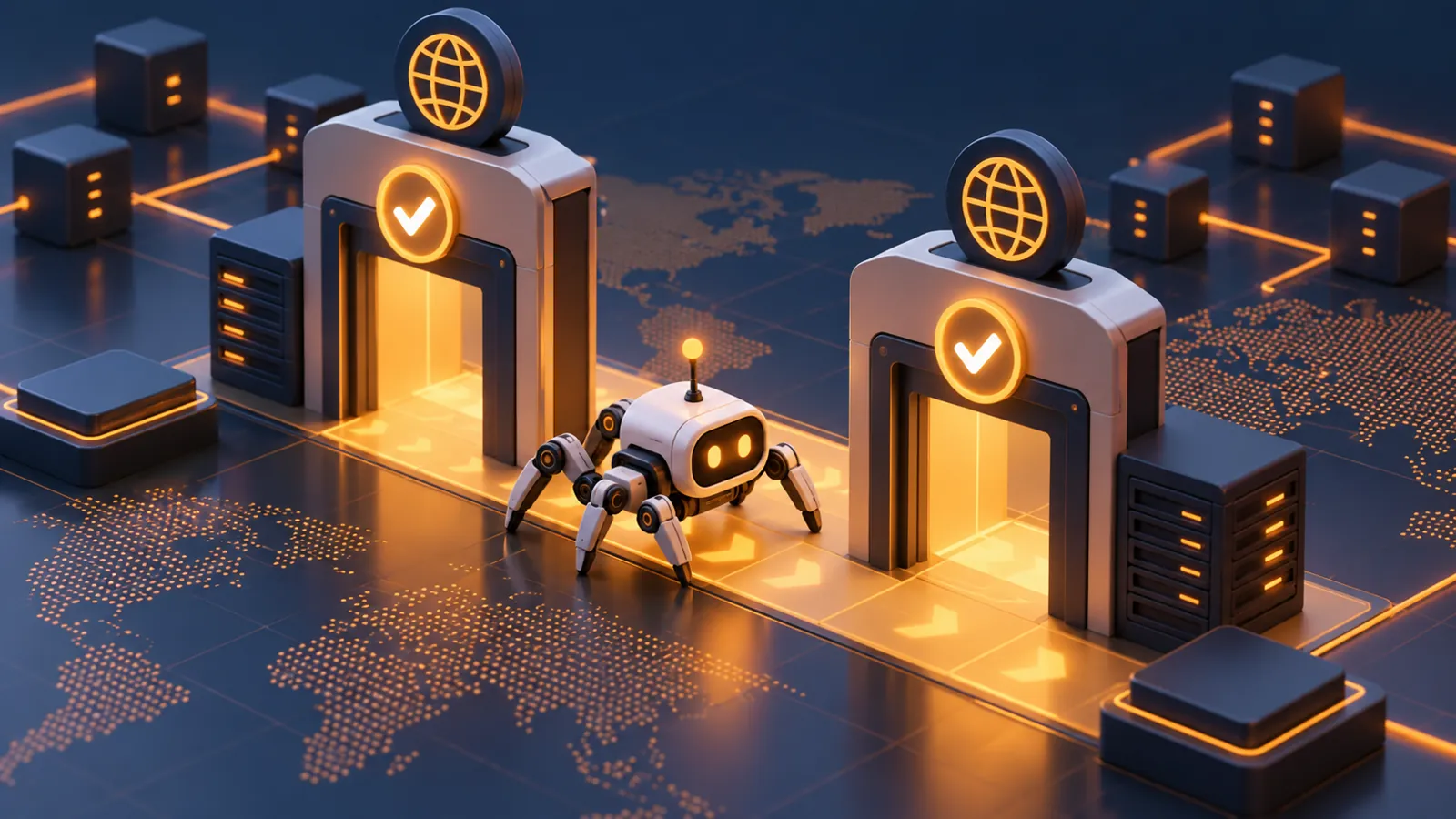 Conceptual crawler passing through a double identity checkpoint
