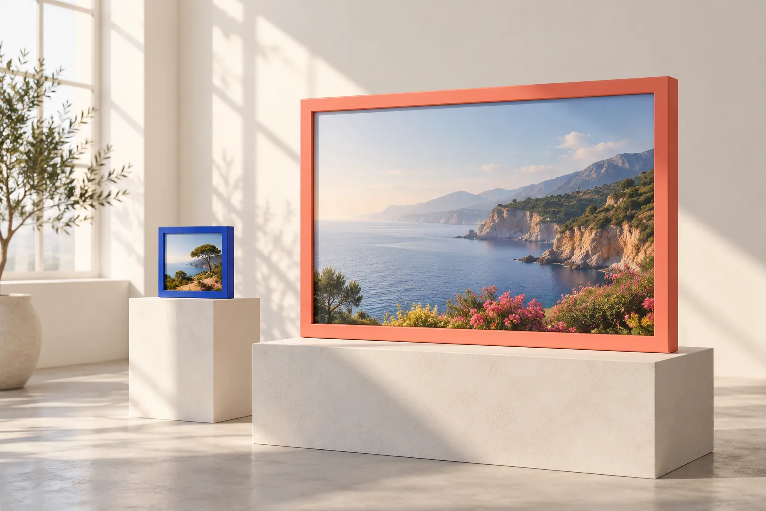 Conceptual coral landscape frame and cobalt thumbnail frame in a sunlit ivory studio