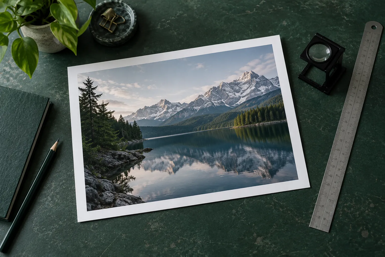 Overhead green editorial desk with a landscape print, ruler and loupe