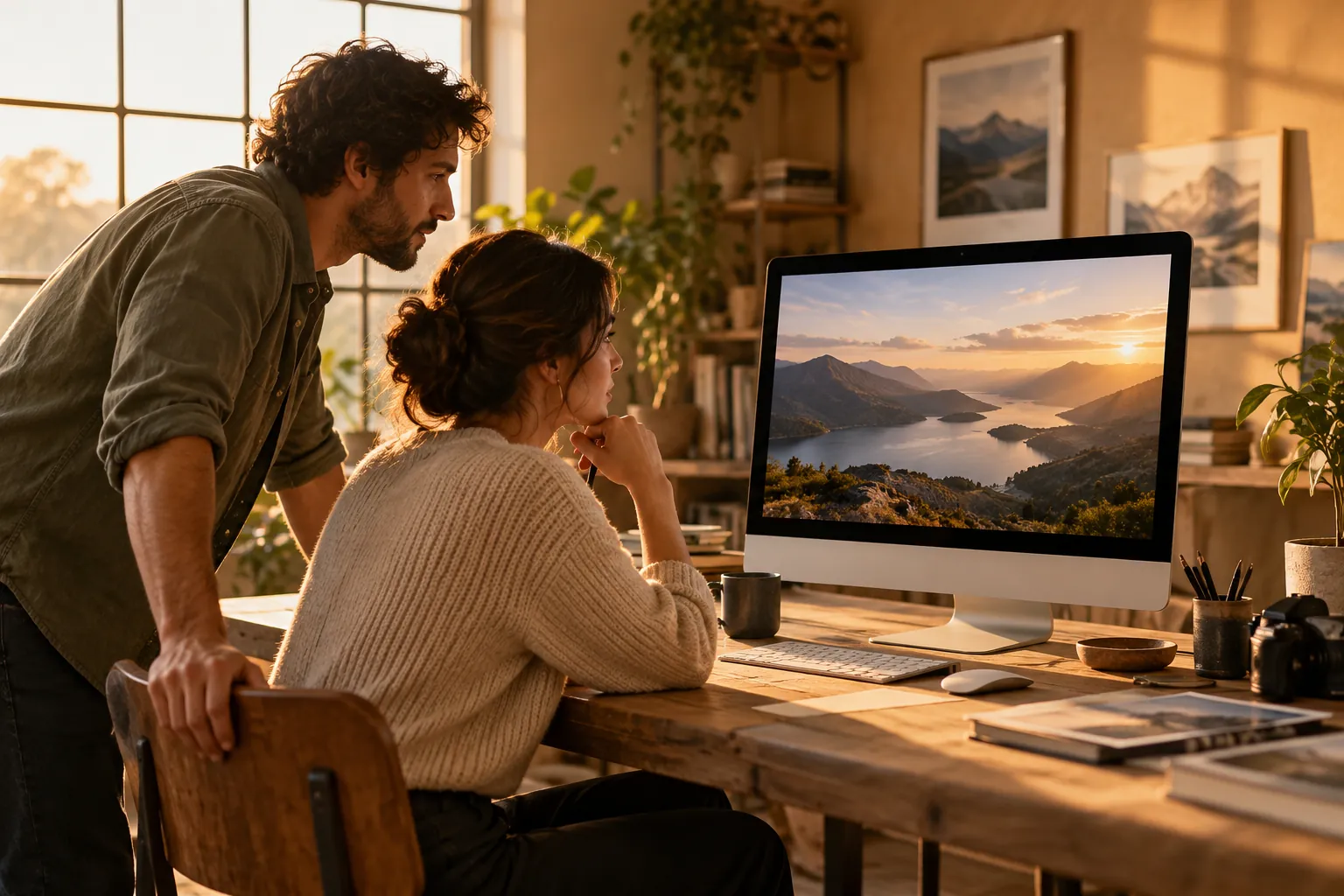 Two people reviewing a landscape image on a monitor in an ochre meeting room