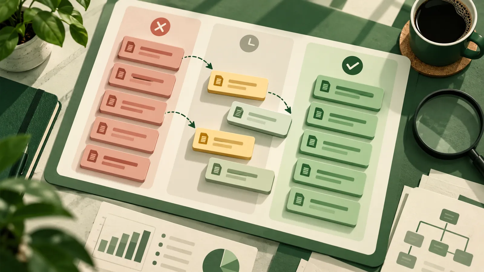 URL tiles moving through a noindex audit workflow