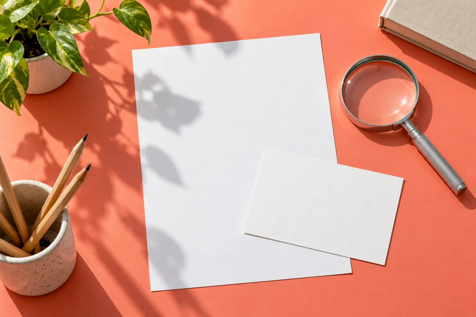 Blank paper partly covered by a white card beside a magnifying glass