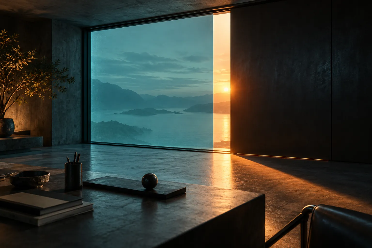 Dark architectural interior framing a blue landscape and a narrow shaft of golden light
