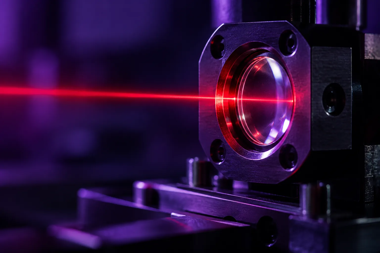 Glass aperture in a metal housing with a red light beam