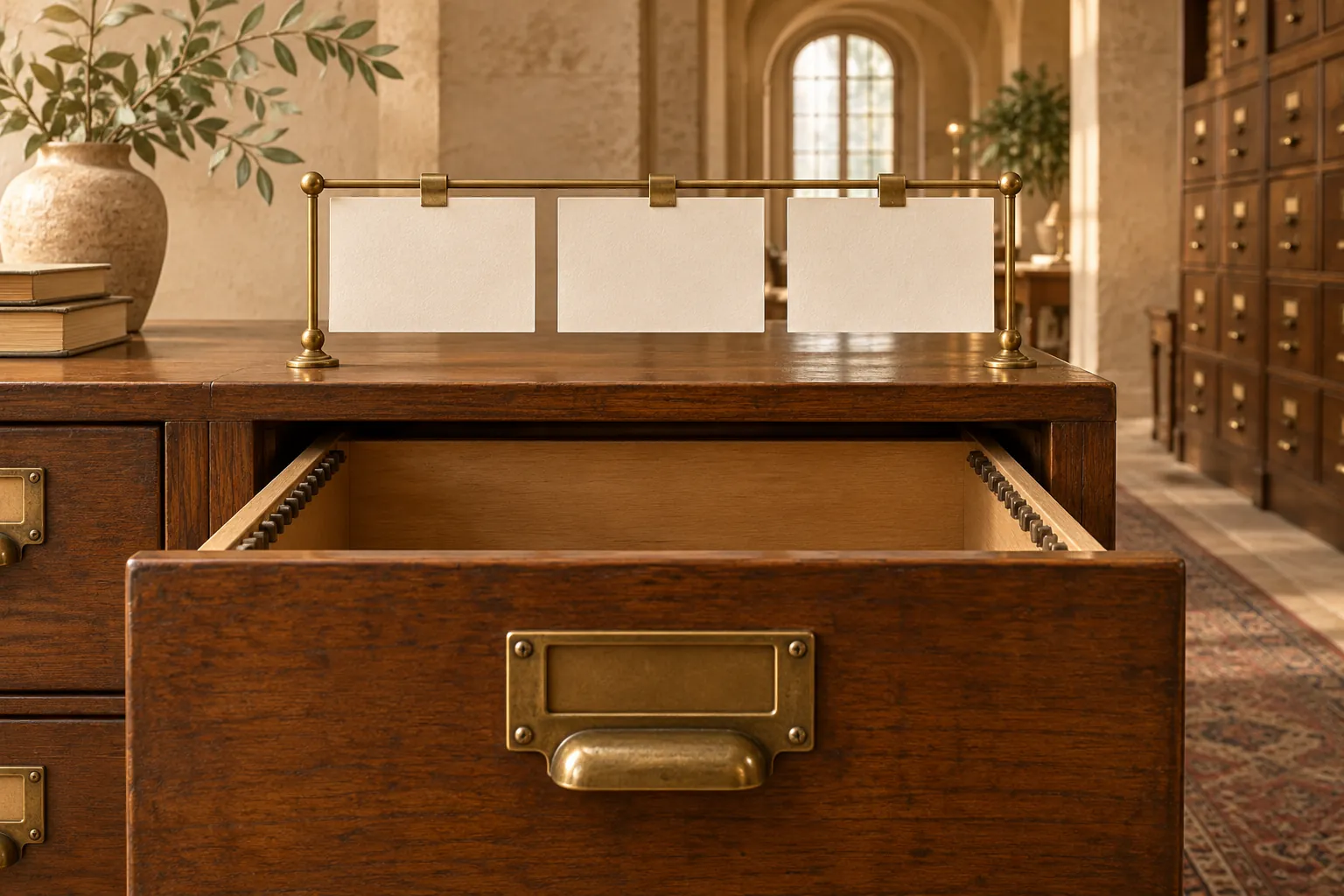 Open archive drawer with blank index cards on a brass rail
