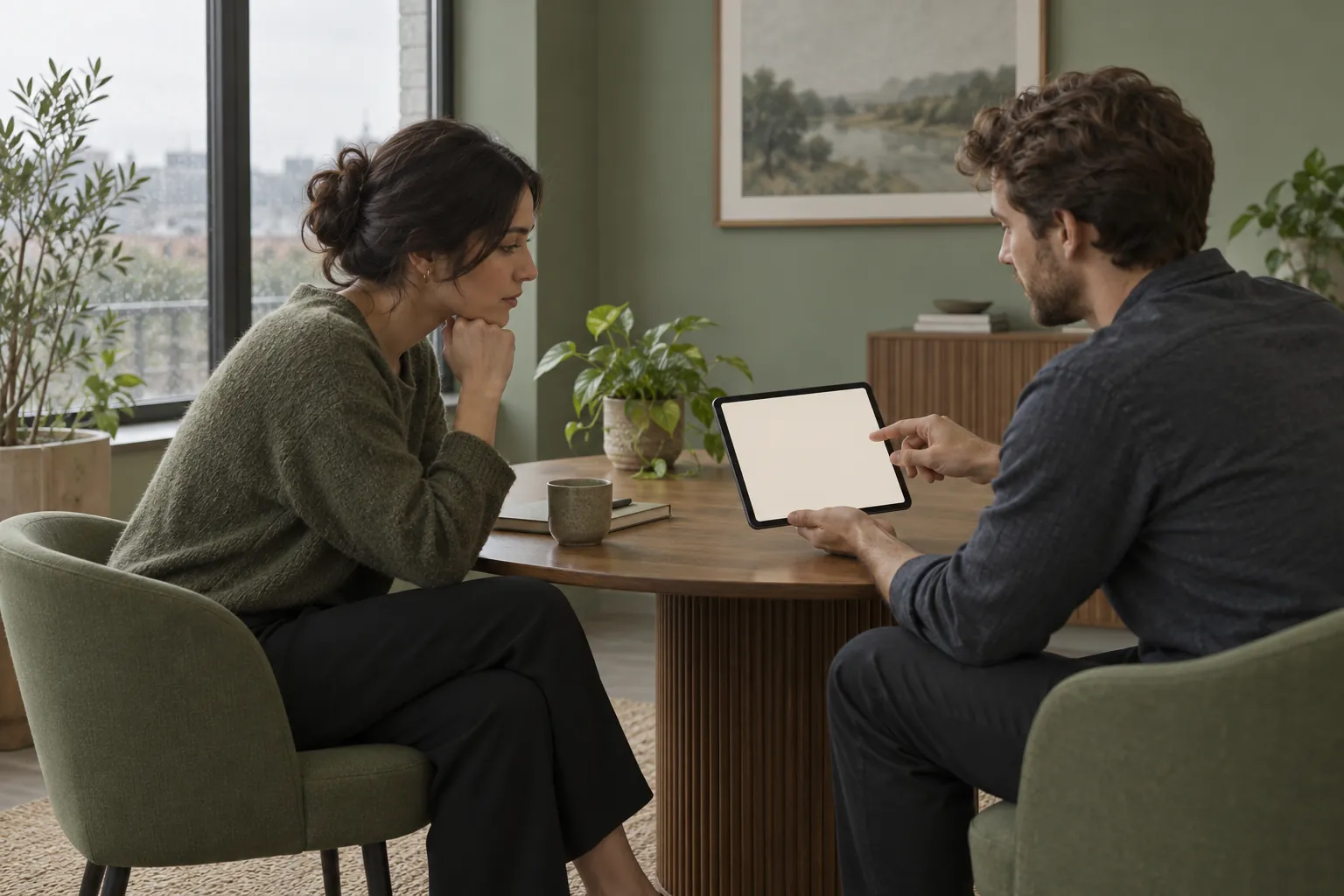 Two colleagues discussing a blank tablet in a green meeting room