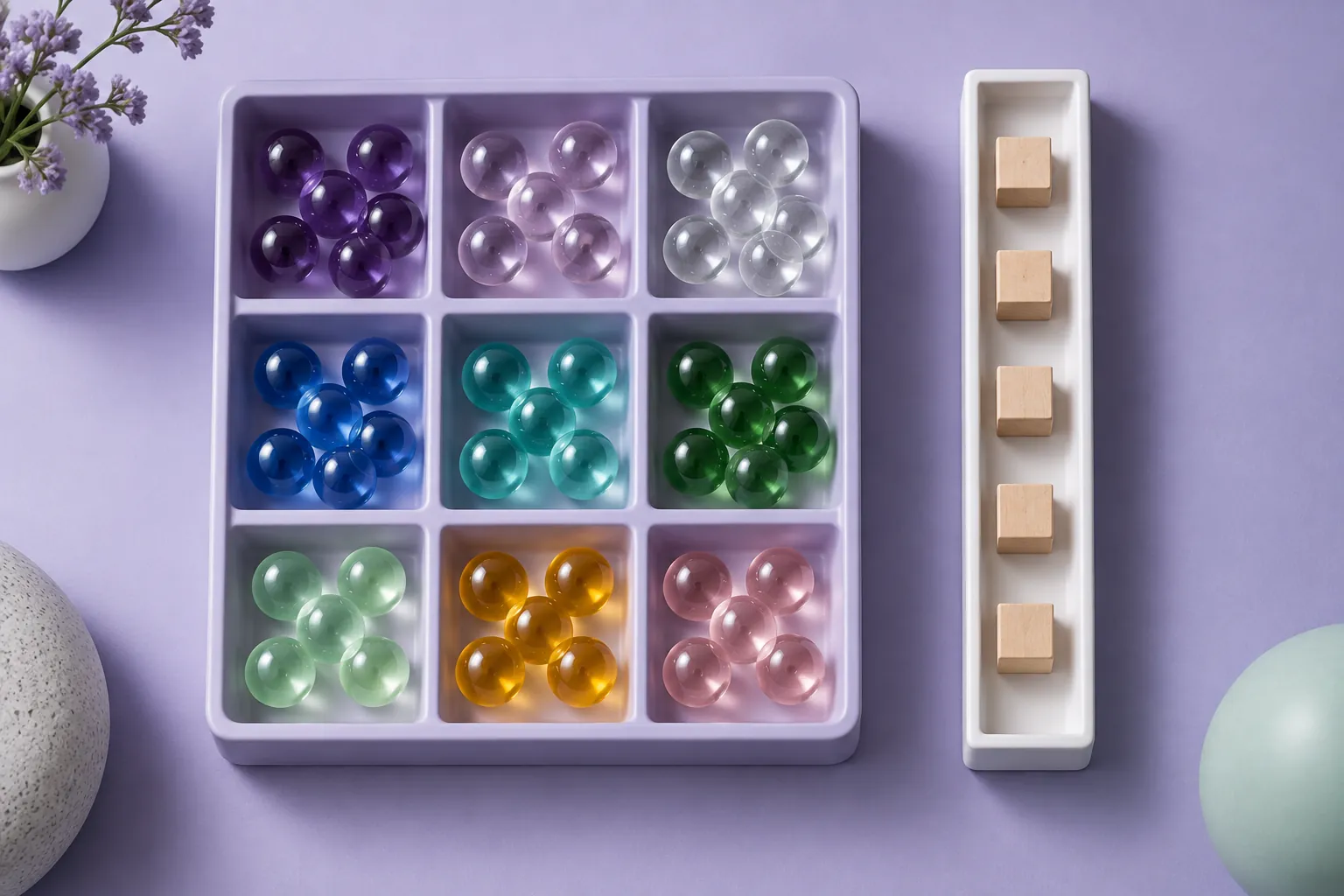 Conceptual sorted glass marbles beside a sequence of wooden blocks, distinguishing filters from pagination