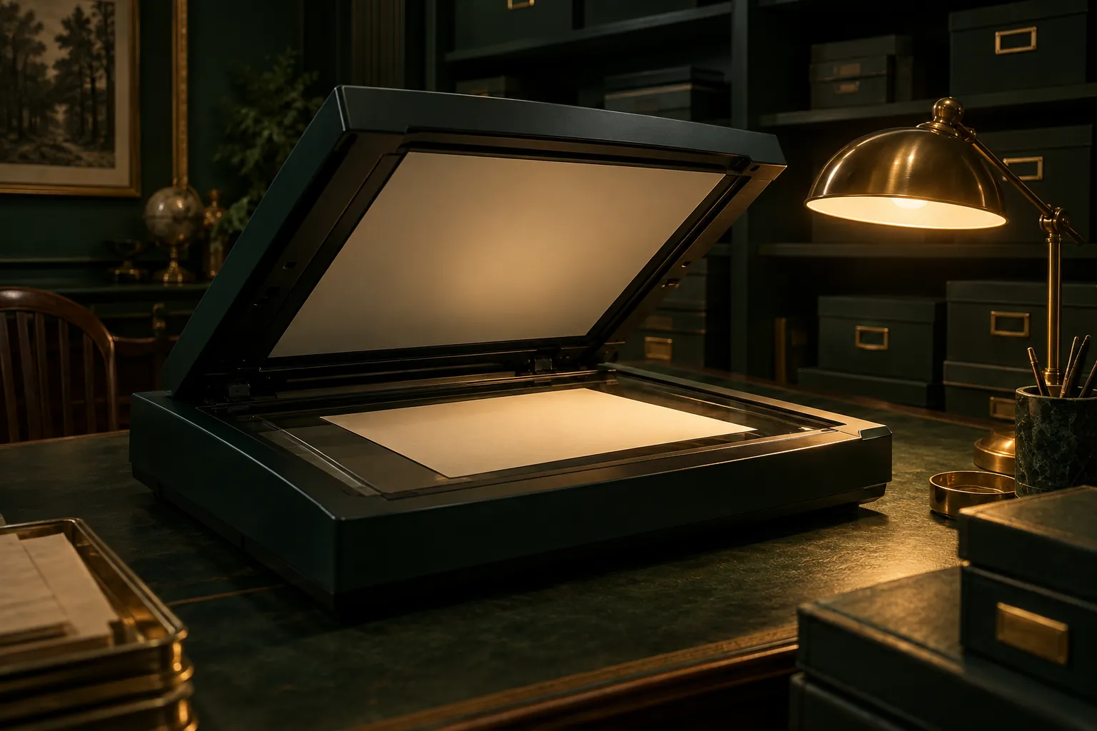 Illustrative scanner and blank paper in an archive room, representing scanned document content