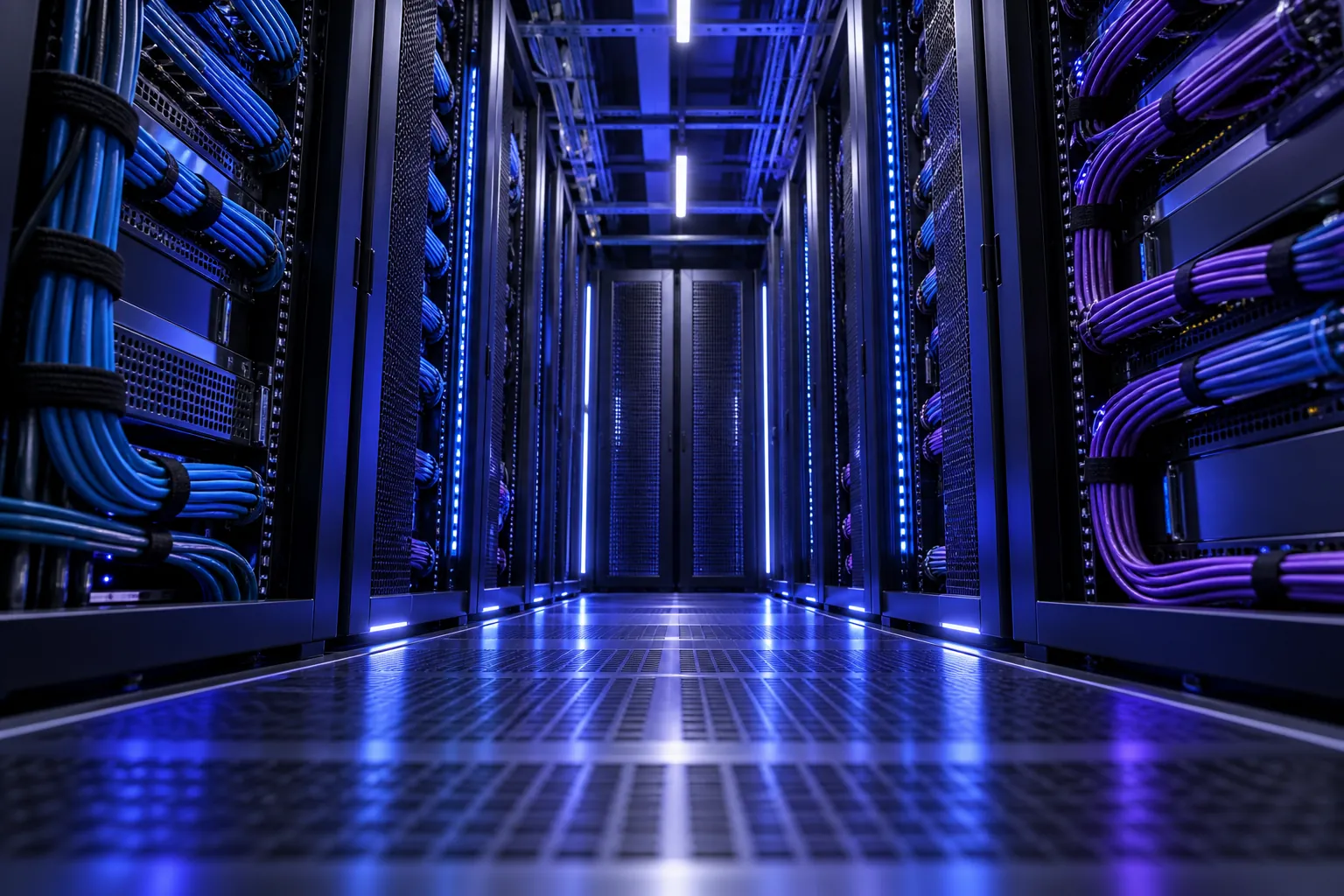 Illustrative server cabinet aisle representing document delivery infrastructure, not client systems