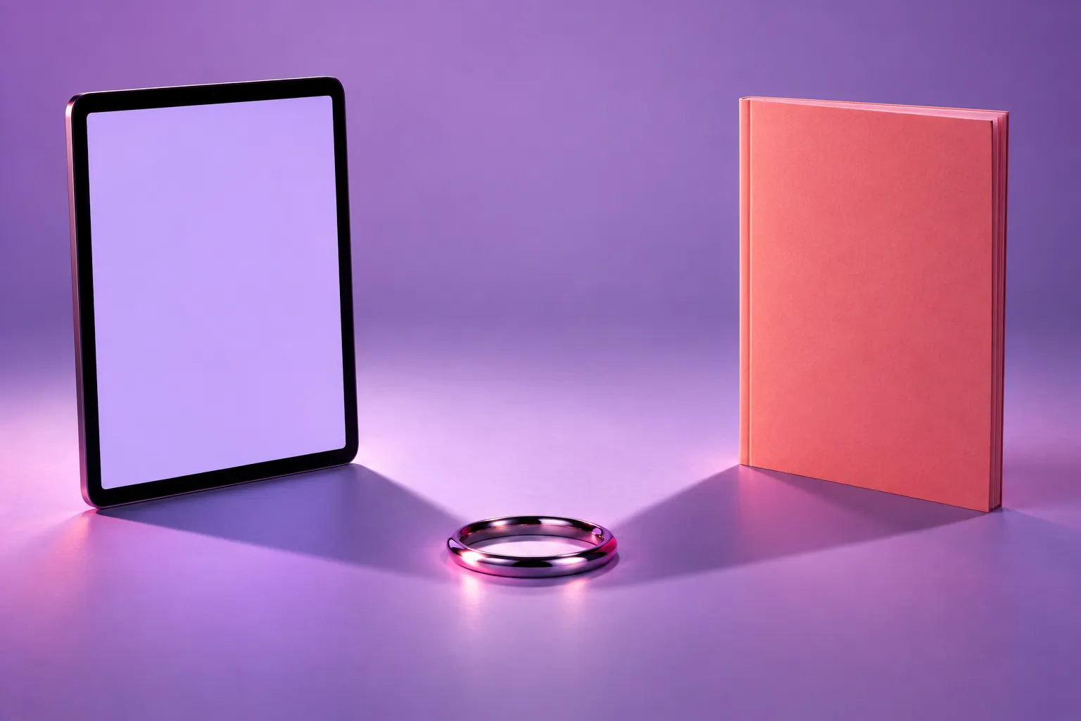 Conceptual tablet and booklet linked by a central ring, representing alternative document formats