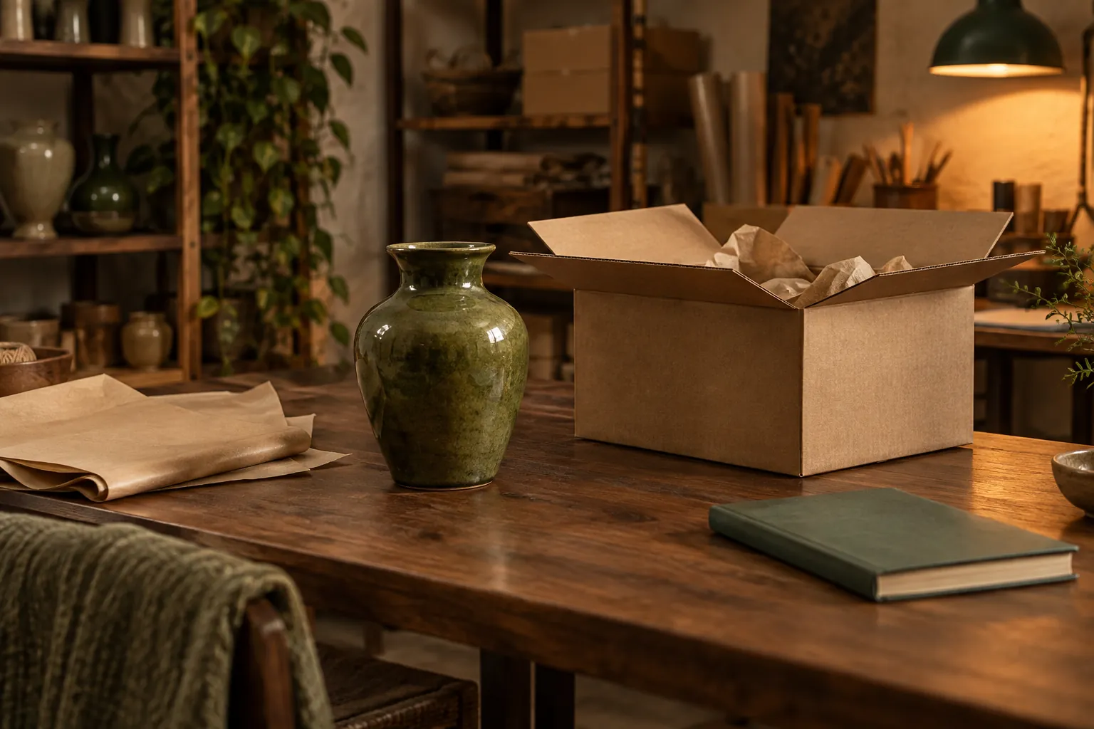Illustrative ceramic vase beside a packing box and inventory ledger in a retailer's preparation room