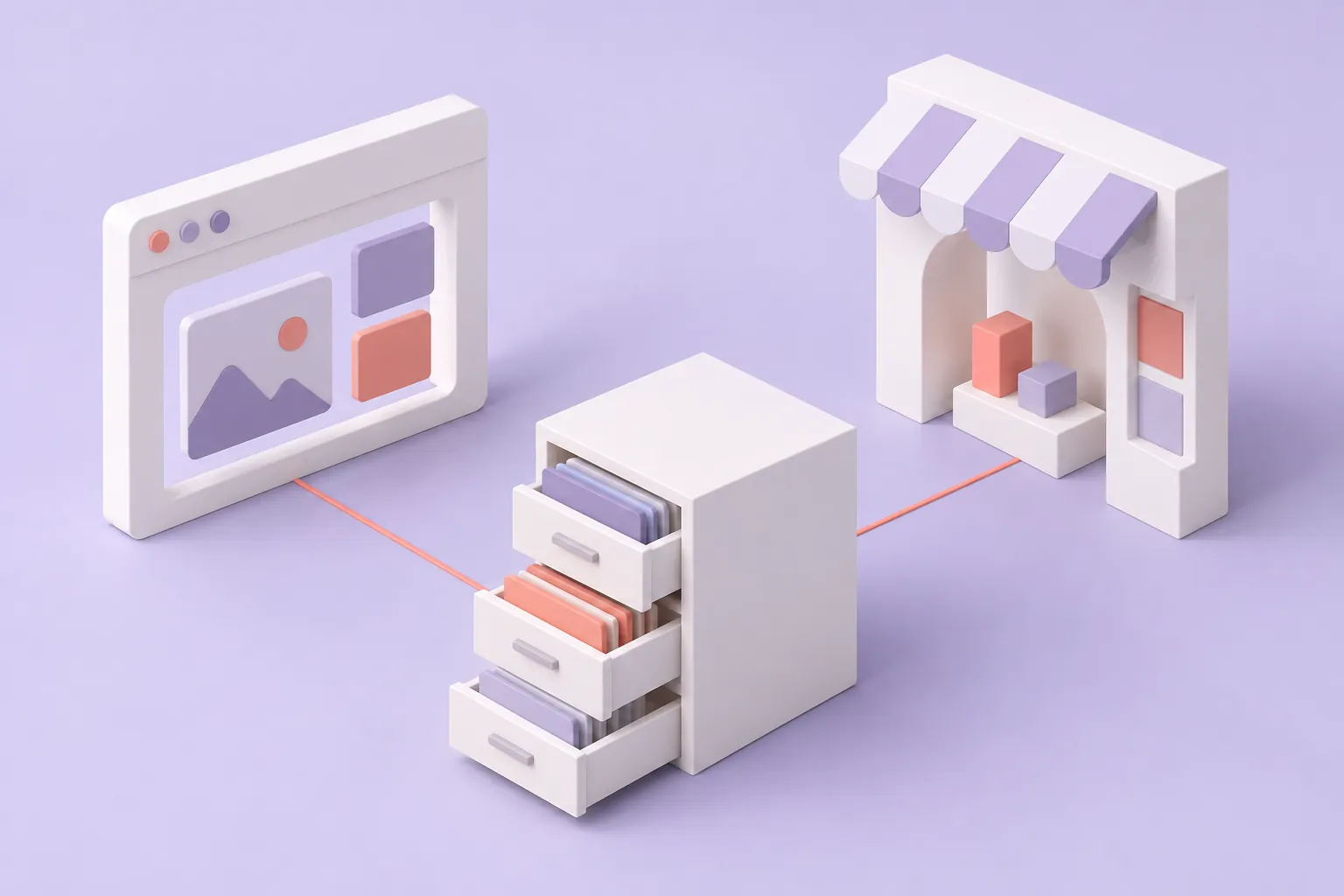 Conceptual browser, catalogue and storefront forms connected by lines, not an evidence chart or measured data