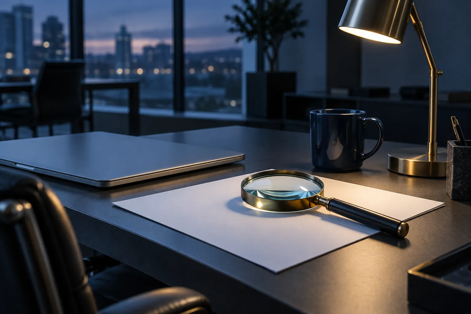 Illustrative reviewer desk with a magnifying glass and closed laptop, not a real SEO audit