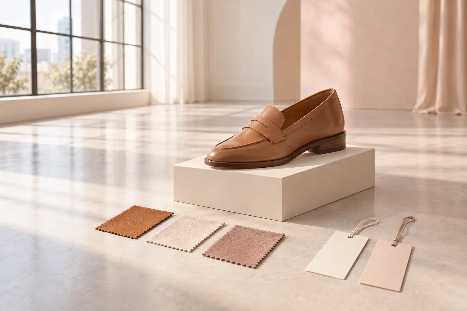 Illustrative shoe, colour swatches and blank tags representing product variants, not a client catalogue
