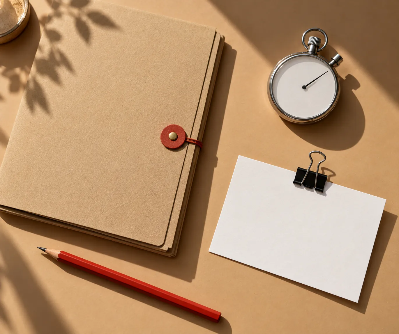 Illustrative project folder, blank record card and stopwatch for documenting redirect verification
