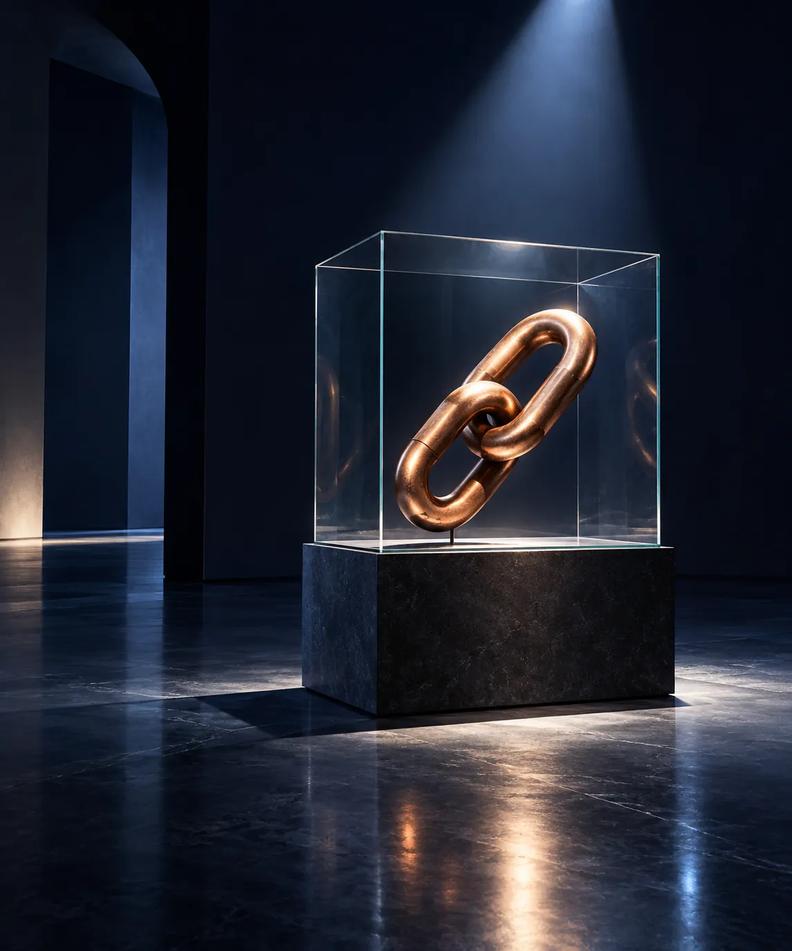 Copper chain link inside a glass display cube in a midnight indigo gallery