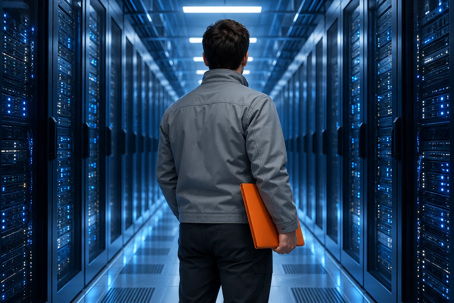 Engineer carrying an orange folder along a cool blue server aisle