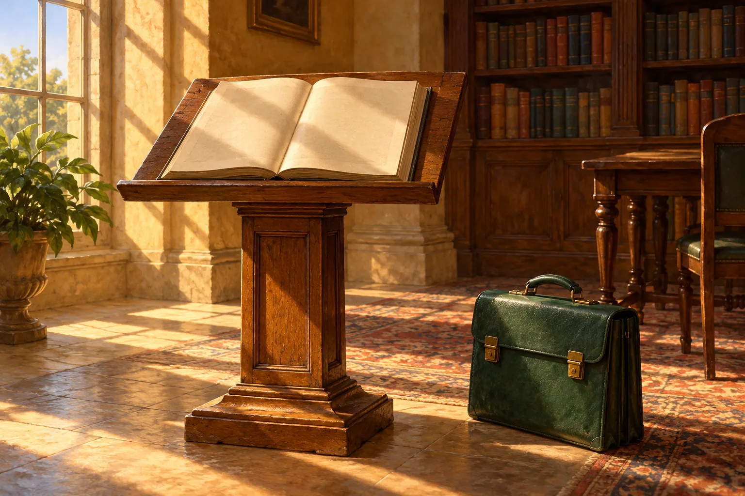 Open book on a lectern beside a green briefcase in an ochre reading room