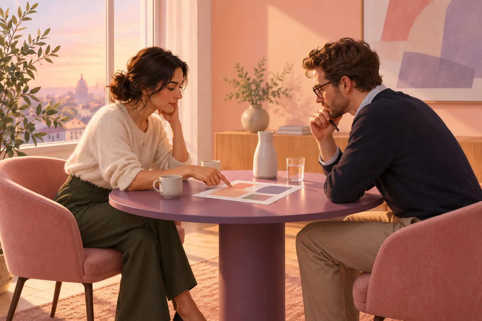 Two colleagues reviewing a plain sheet at a violet table in peach light