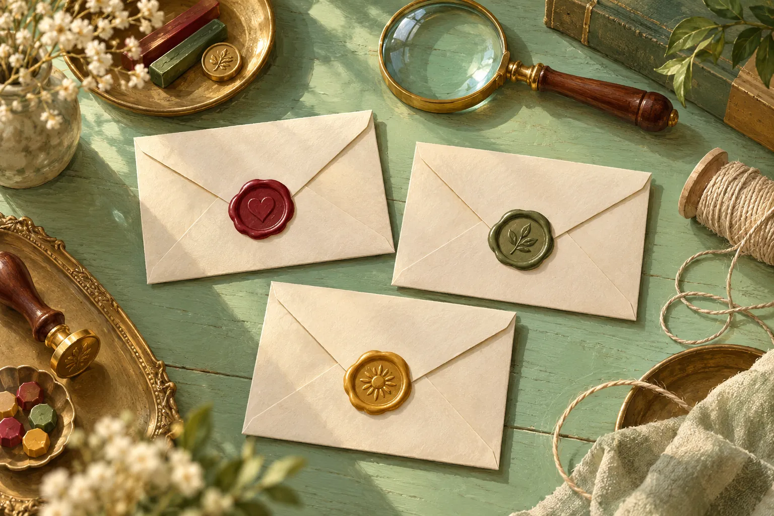 Wax-sealed envelopes and magnifying glass on a mint stationery workbench