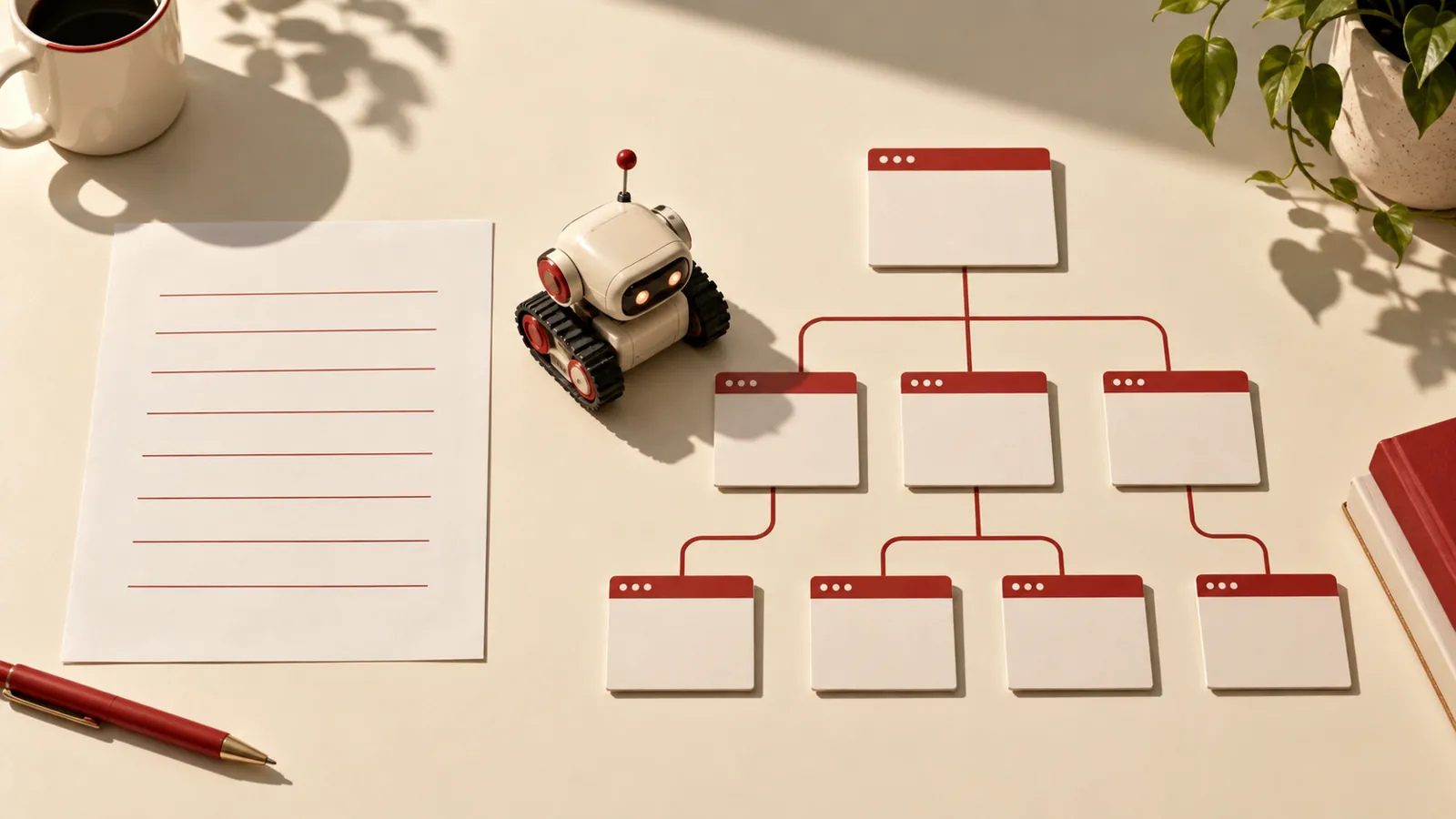 Crawler figurine beside a plain configuration sheet and URL cards