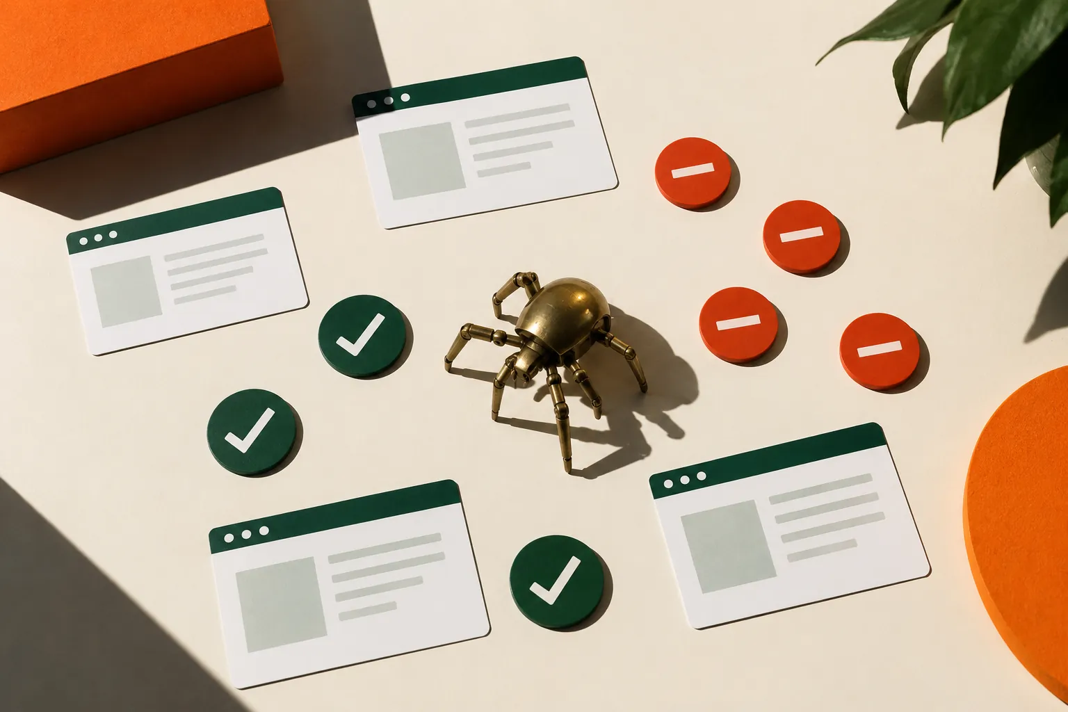 Allow and block tokens arranged with website cards and a crawler model