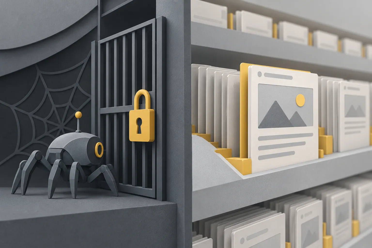 Blocked crawl gate beside a URL still visible in an index library