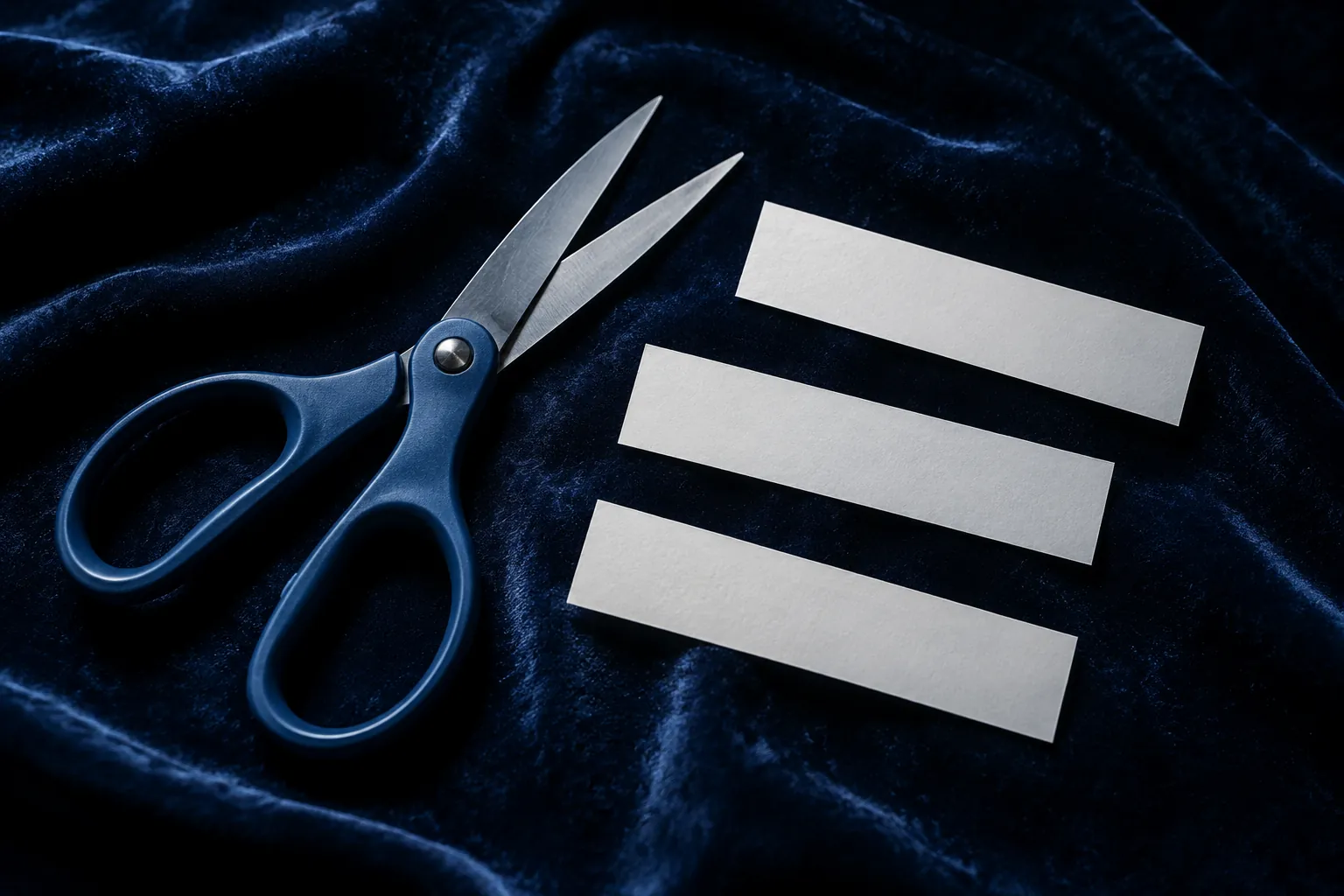 Blue-handled scissors and blank paper strips on navy velvet