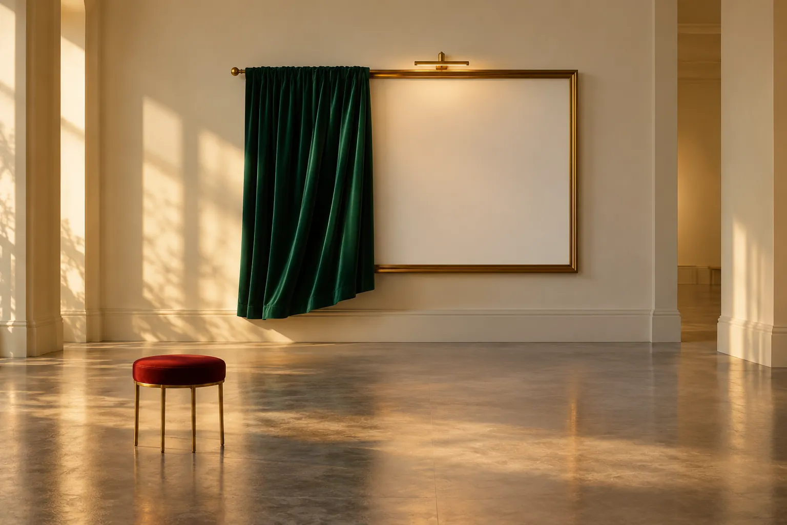Green curtain partly covering a blank gold-framed panel in a sunlit room